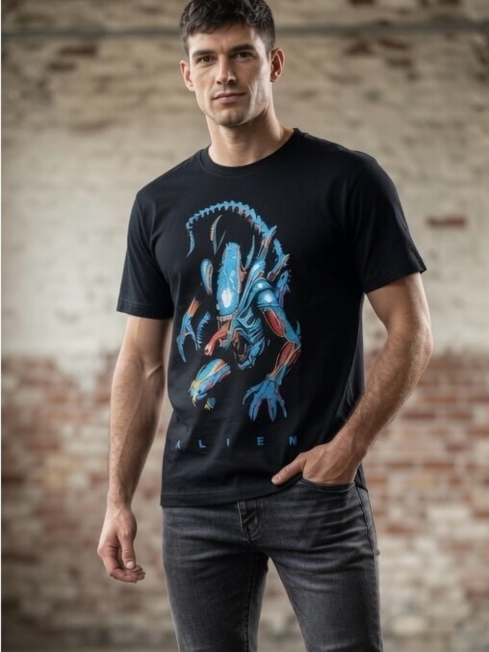 Alien Graphic Tee - Black with Blue Accent size S